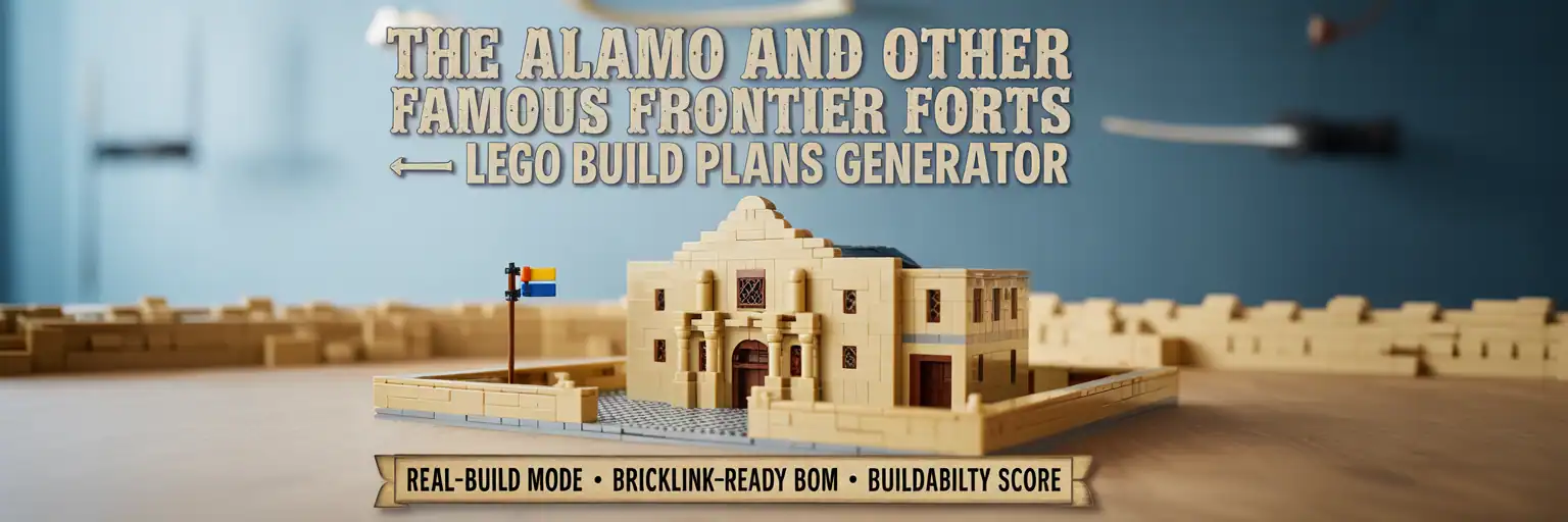 LEGO-style Alamo and frontier fort build plans generator banner