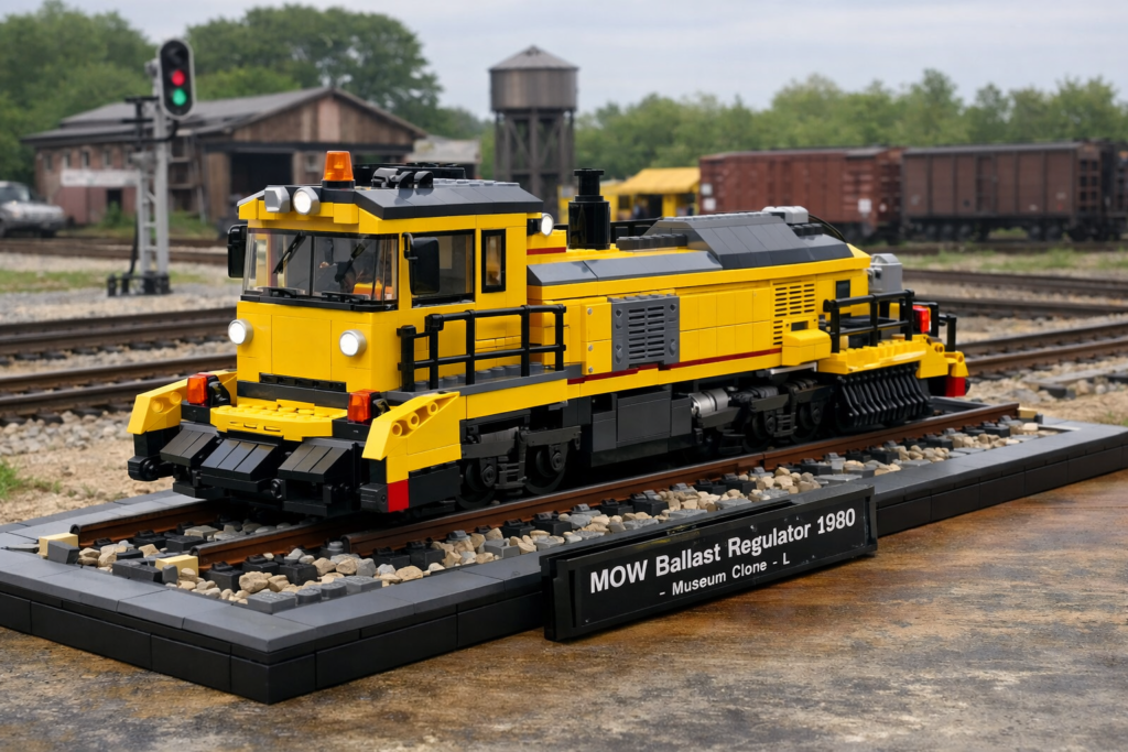 LEGO model of 1980 railroad ballast regulator maintenance vehicle
