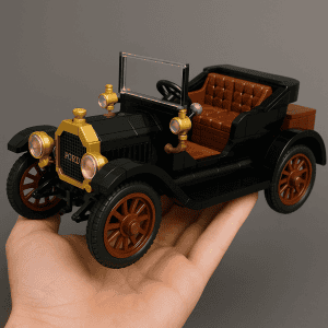 Vintage LEGO model of an antique car with brown seats and black exterior.