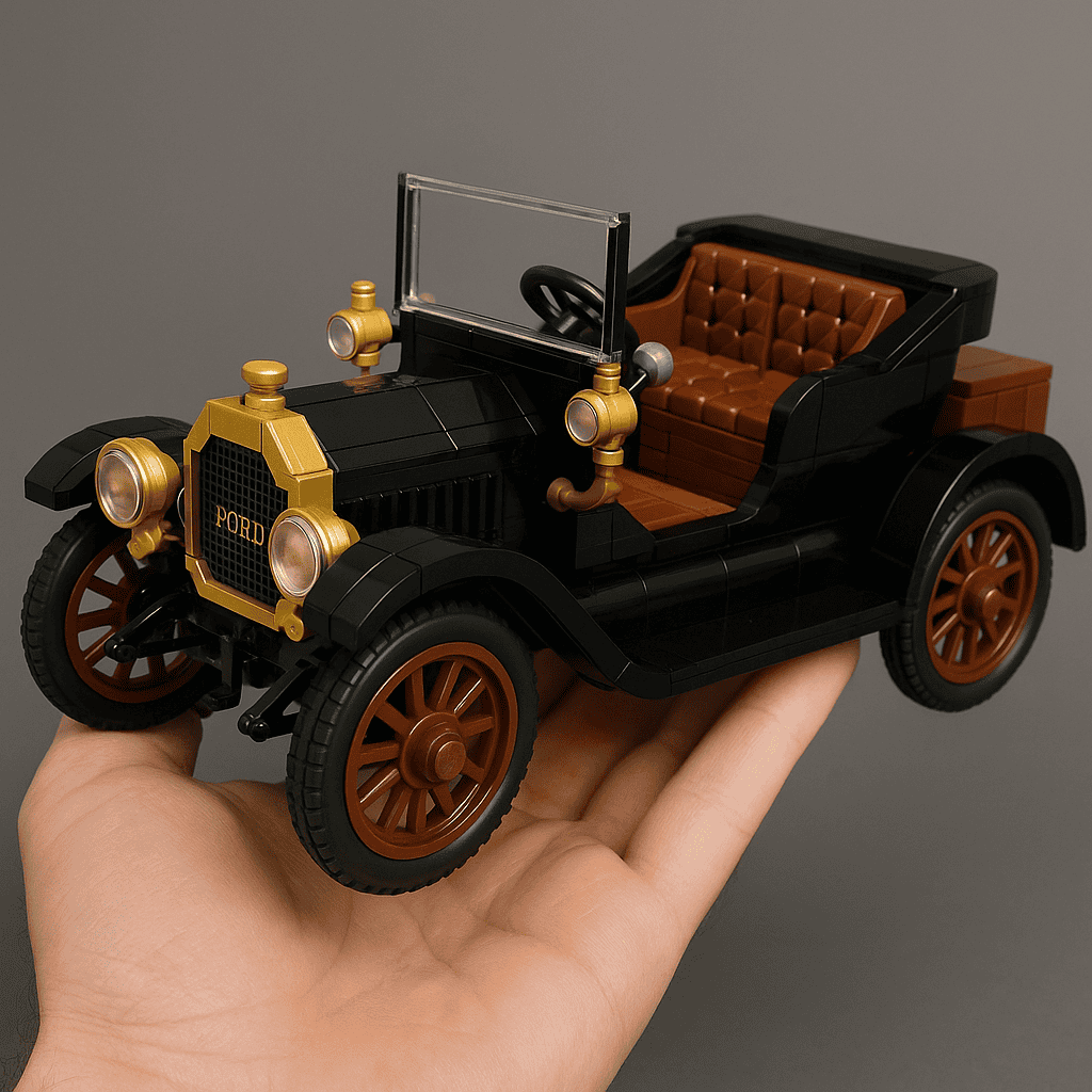 Vintage LEGO model of an antique car with brown seats and black exterior.