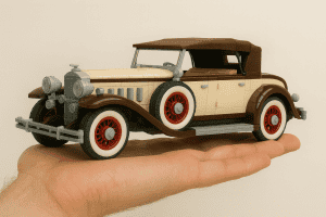 Detailed vintage Lego car made from building blocks on a person's hand.