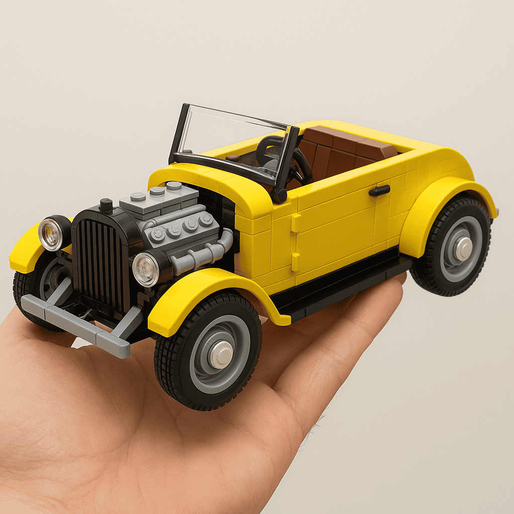 LEGO yellow vintage car toy, detailed with engine and wheels, held in hand on plain background.