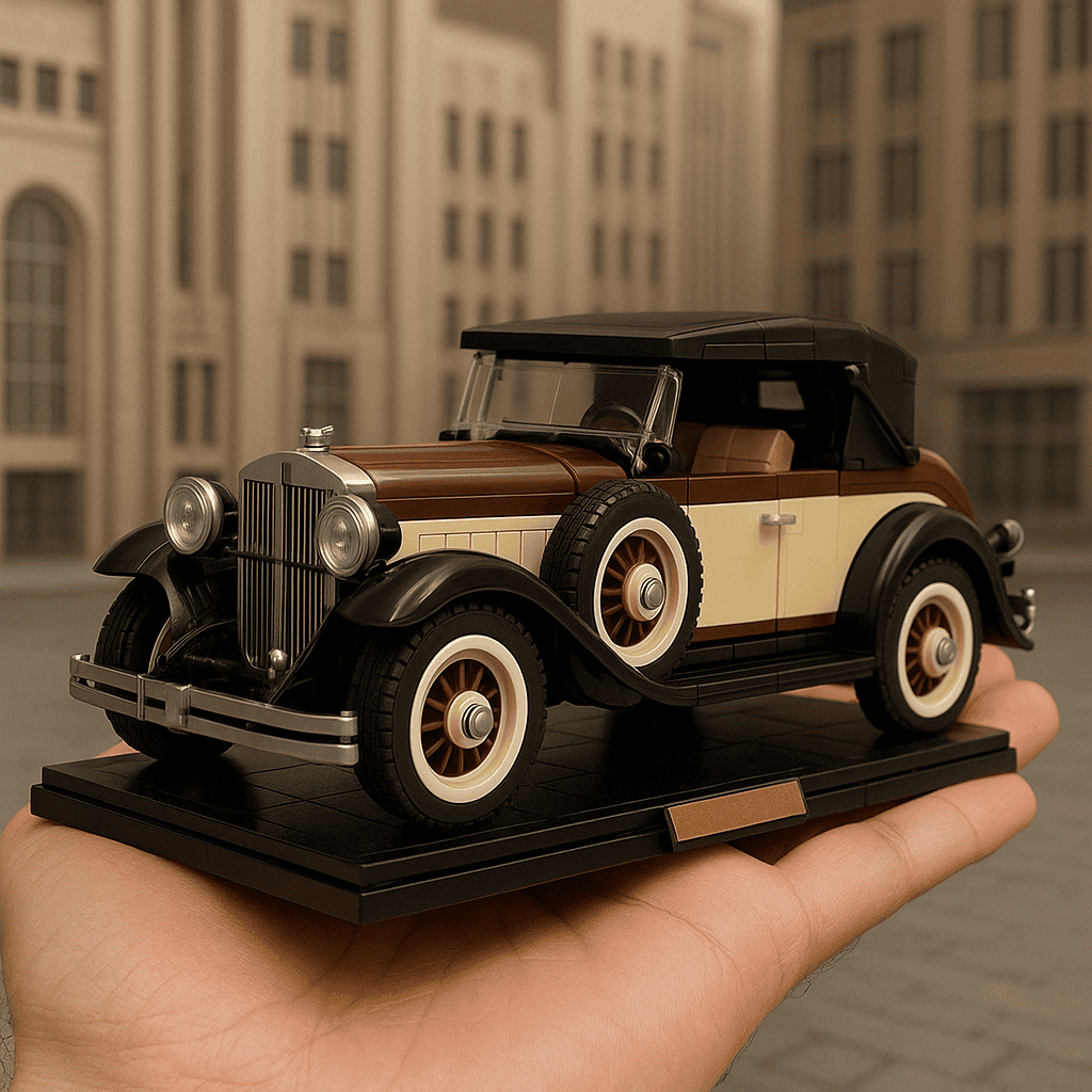 Vintage LEGO car model on hand.