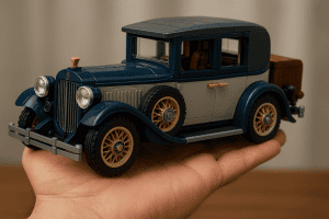 Vintage LEGO model car in blue and gray, held in hand with a blurred background.