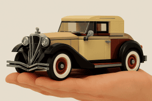 LEGO vintage car model on hand, retro vehicle made from LEGO bricks and pieces.