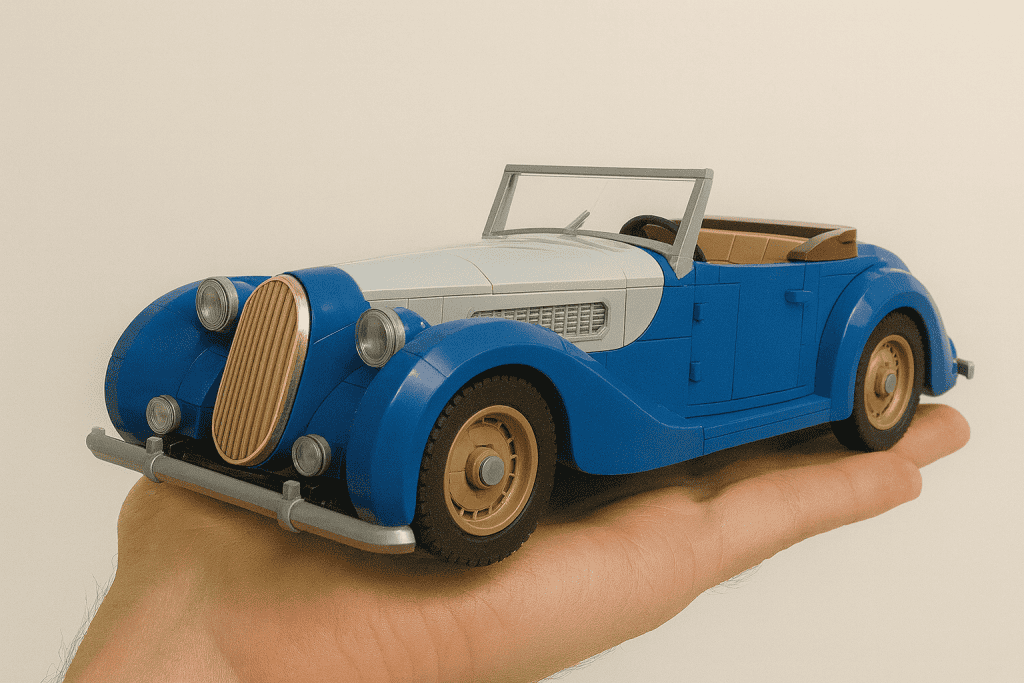 Vintage LEGO car in blue and beige colors, held in a person's hand against a plain background.