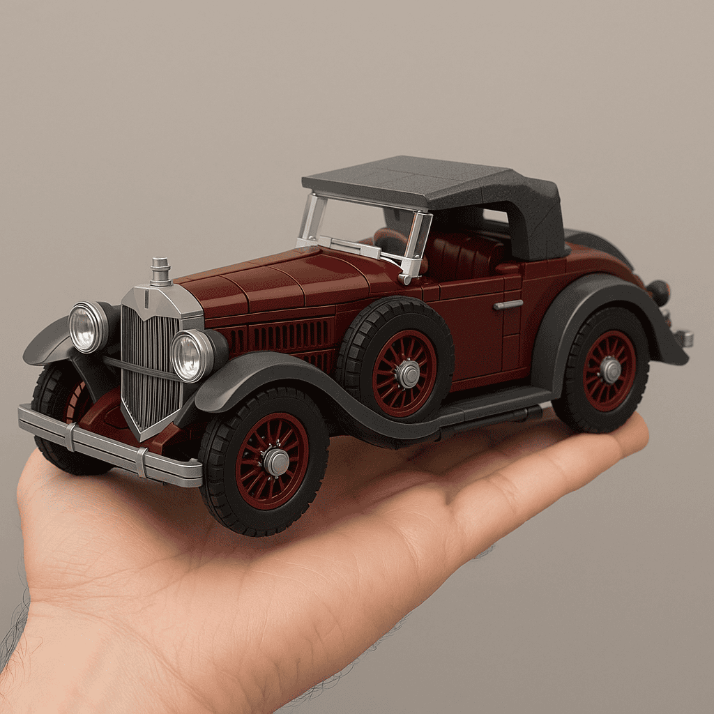 1. Vintage LEGO car model with detailed red and black design, handheld for scale.