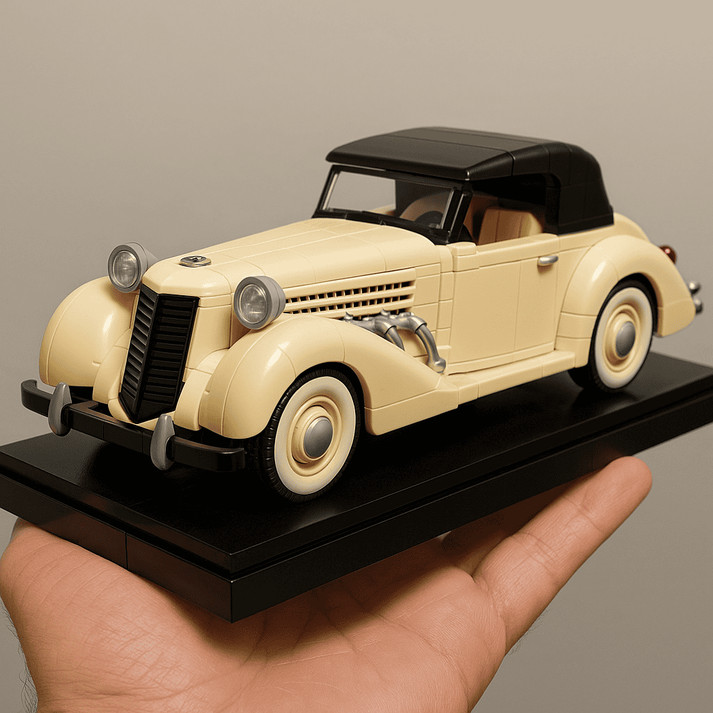 Vintage Lego model of a classic cream-colored convertible car with black roof.