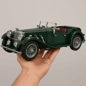 Detailed LEGO vintage car model in hand, showcasing intricate design and craftsmanship.