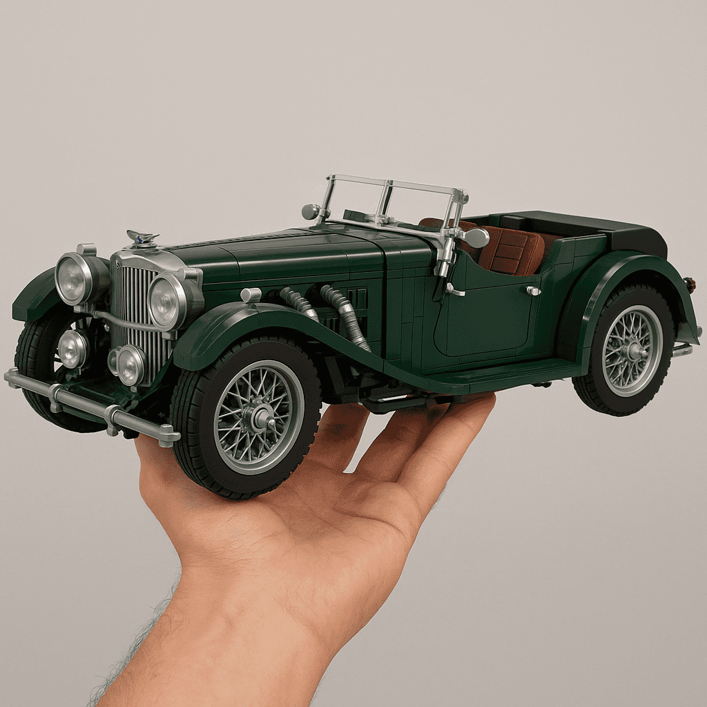 Detailed LEGO vintage car model in hand, showcasing intricate design and craftsmanship.
