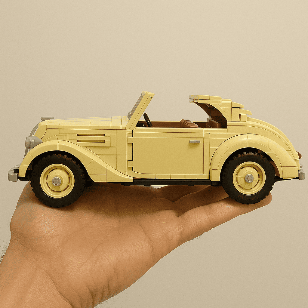 LEGO vintage car model in cream color on hand.