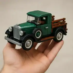 Classic green LEGO truck with wooden cargo bed, detailed and buildable for creative play.