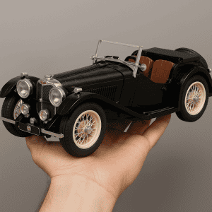 Vintage black LEGO car model with brown interior and detailed wheels.