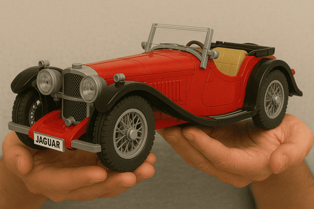 Vintage LEGO Jaguar car model in red with detailed black and gray accents, expert craftsmanship.