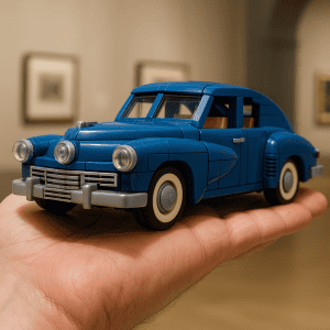 1. Blue LEGO vintage car model on hand under indoor lighting.