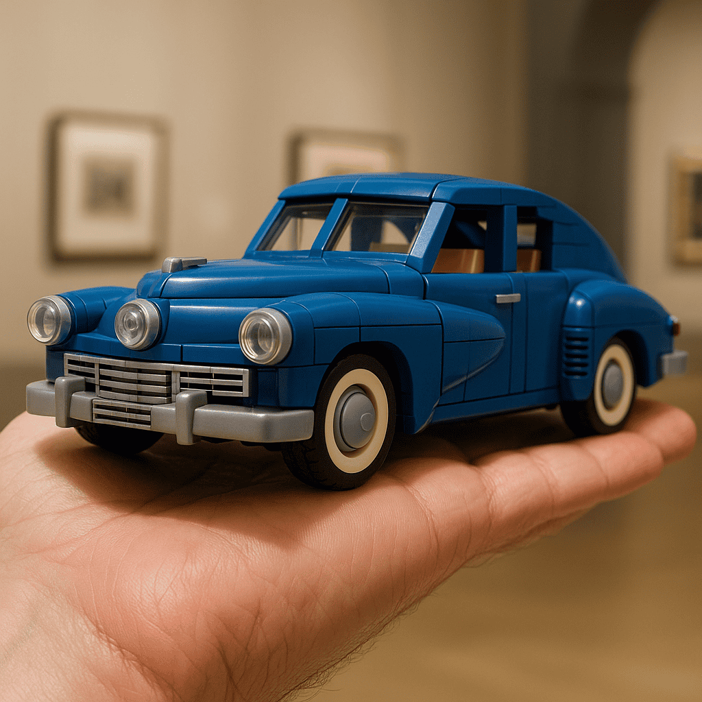1. Blue LEGO vintage car model on hand under indoor lighting.