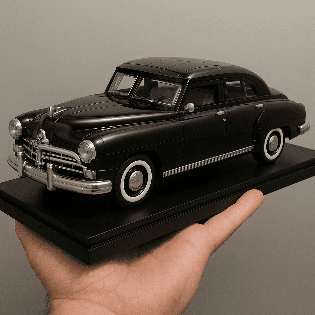 Vintage black toy car model on display; detailed and realistic miniature collectible.