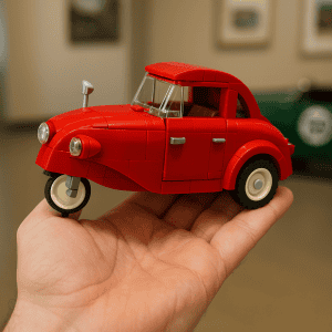 Red LEGO car model with detailed design, set on a person's hand.