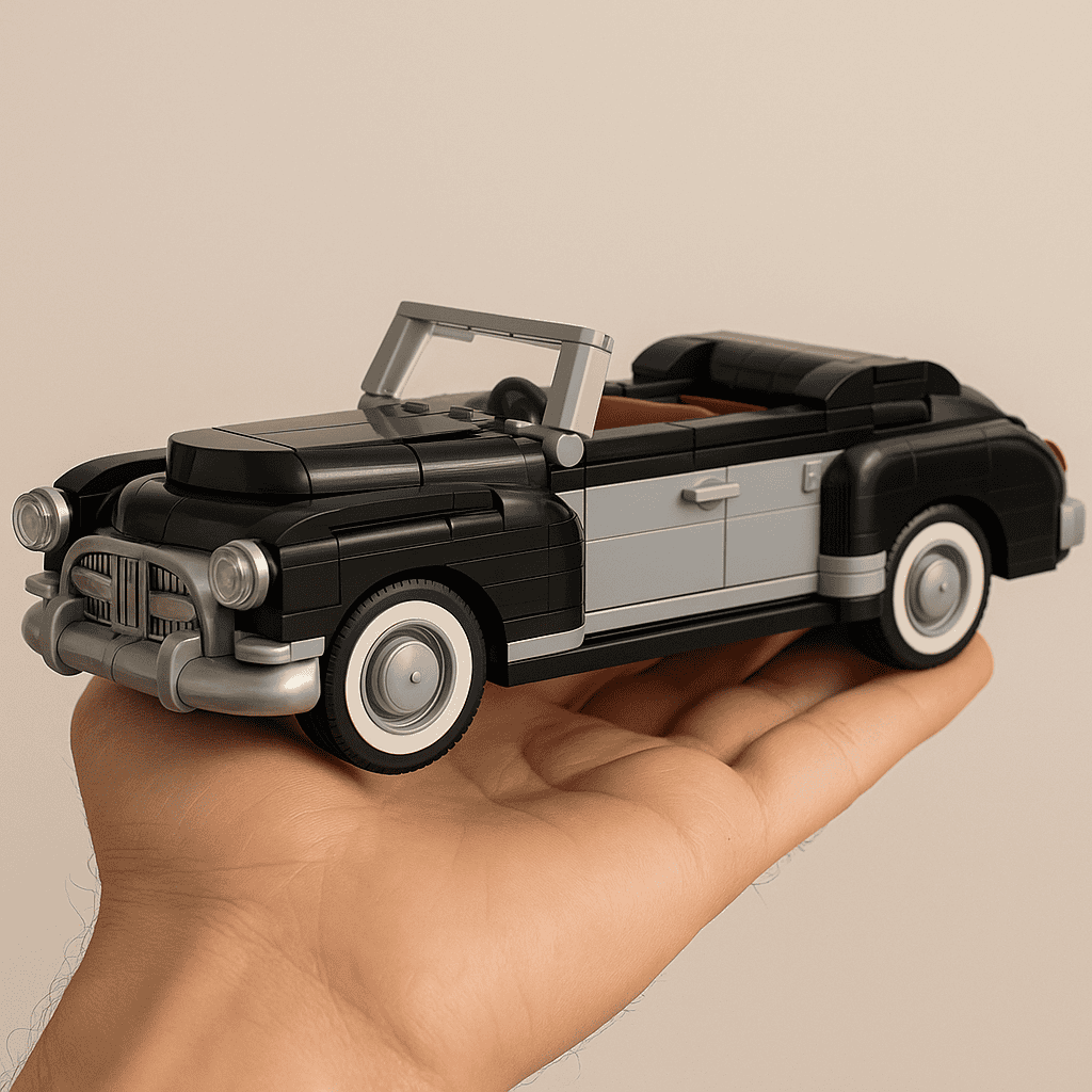 LEGO vintage car model held in hand, detailed black, gray, and silver design, collectible toy.