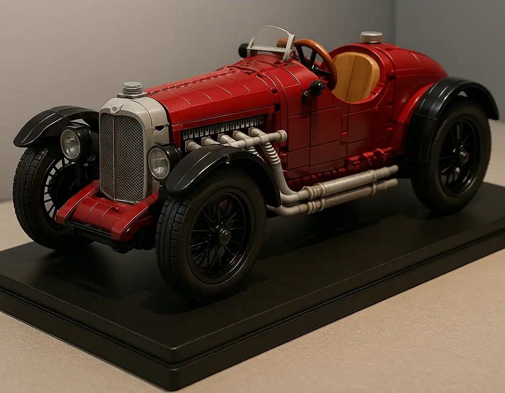 Detailed LEGO vintage race car toy model on display.