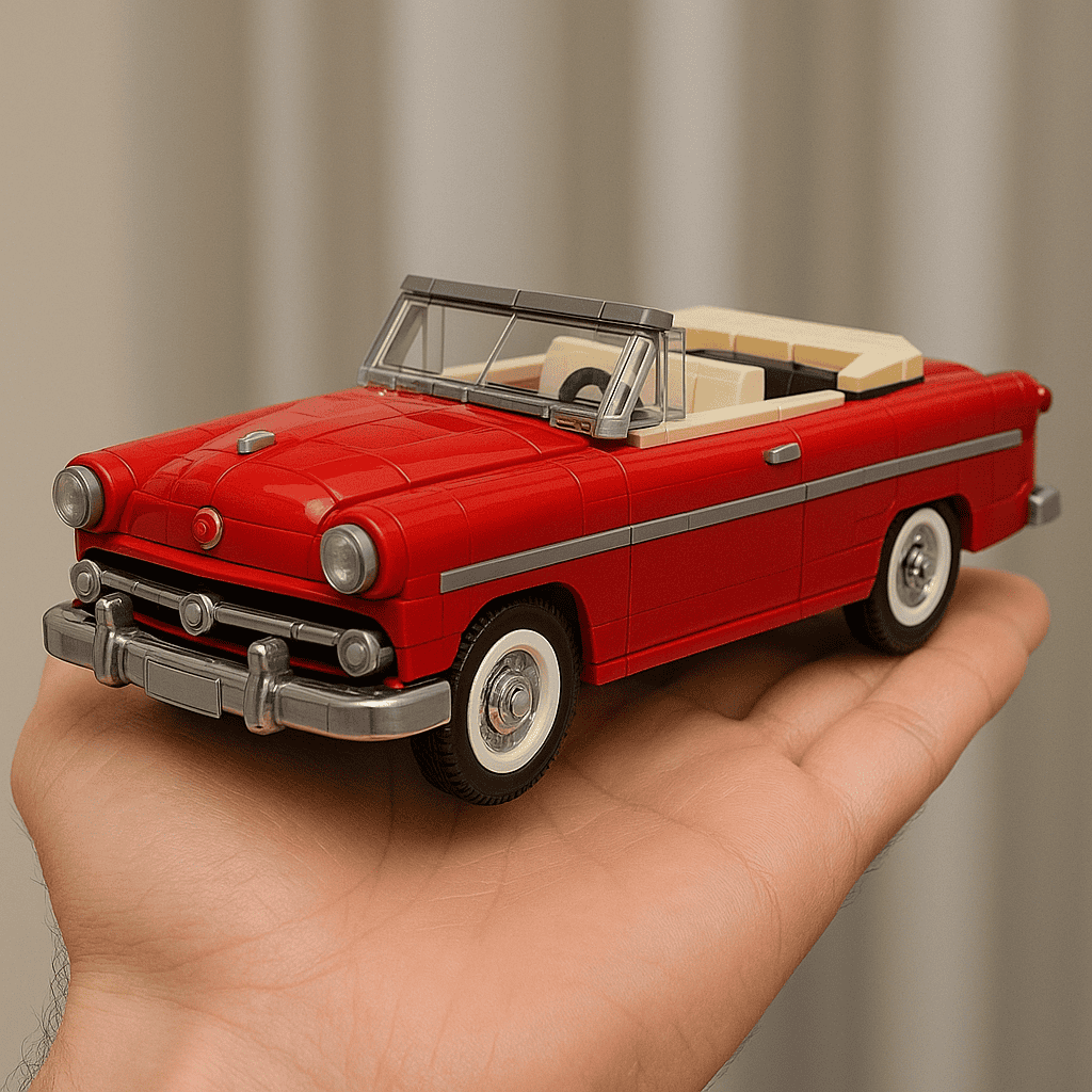 Vintage red LEGO convertible car model handcrafted entertainment collectible.