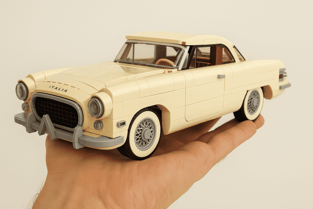 LEGO vintage car model in cream color with detailed features, held in hand for display.