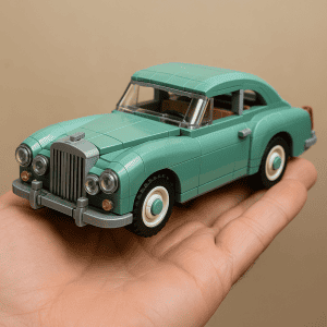 1. LEGO vintage car model, teal color, detailed design, collectible toy, LEGO stop-motion, LEGO brick art, display piece, retro vehicle, LEGO inspired.