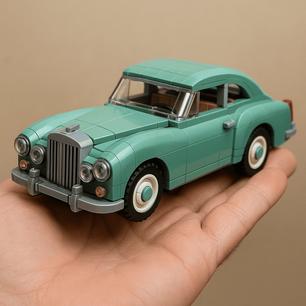1. LEGO vintage car model, teal color, detailed design, collectible toy, LEGO stop-motion, LEGO brick art, display piece, retro vehicle, LEGO inspired.