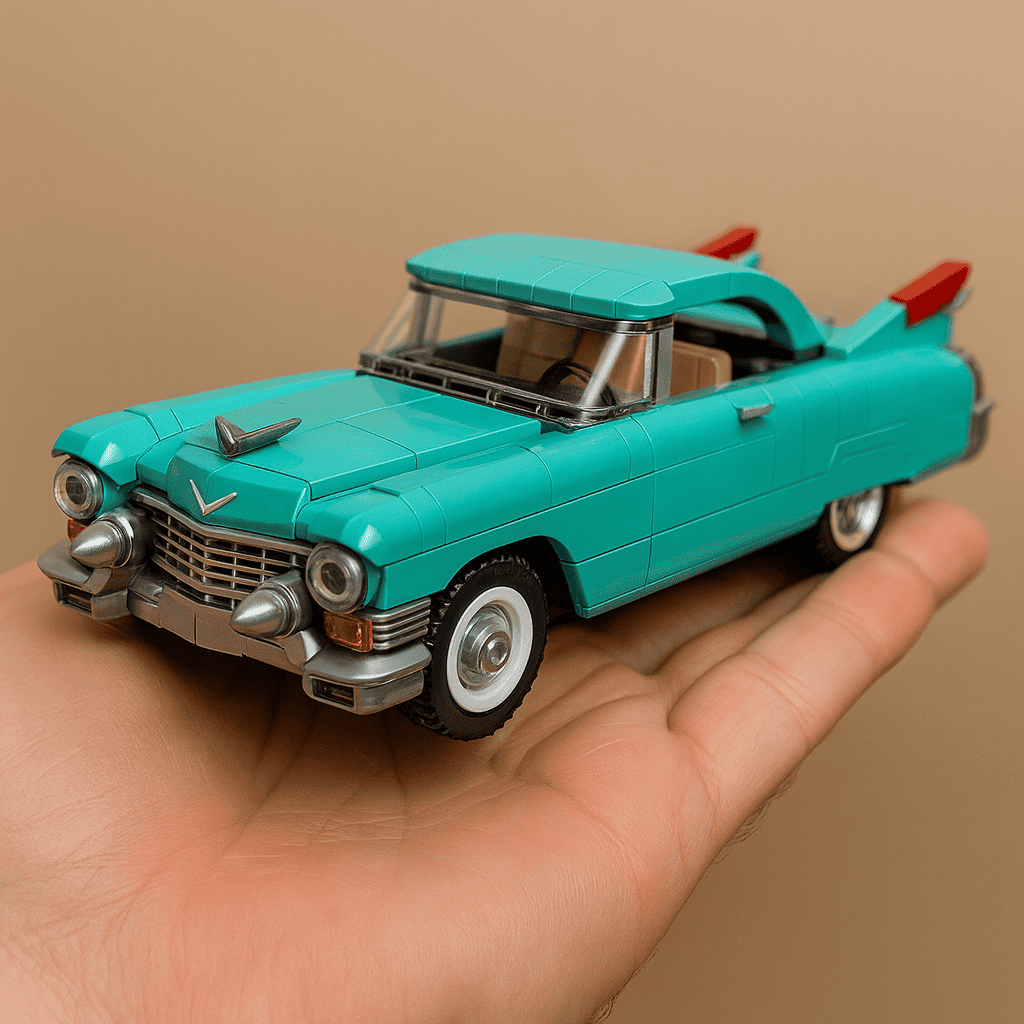 Vintage turquoise LEGO car model in hand.