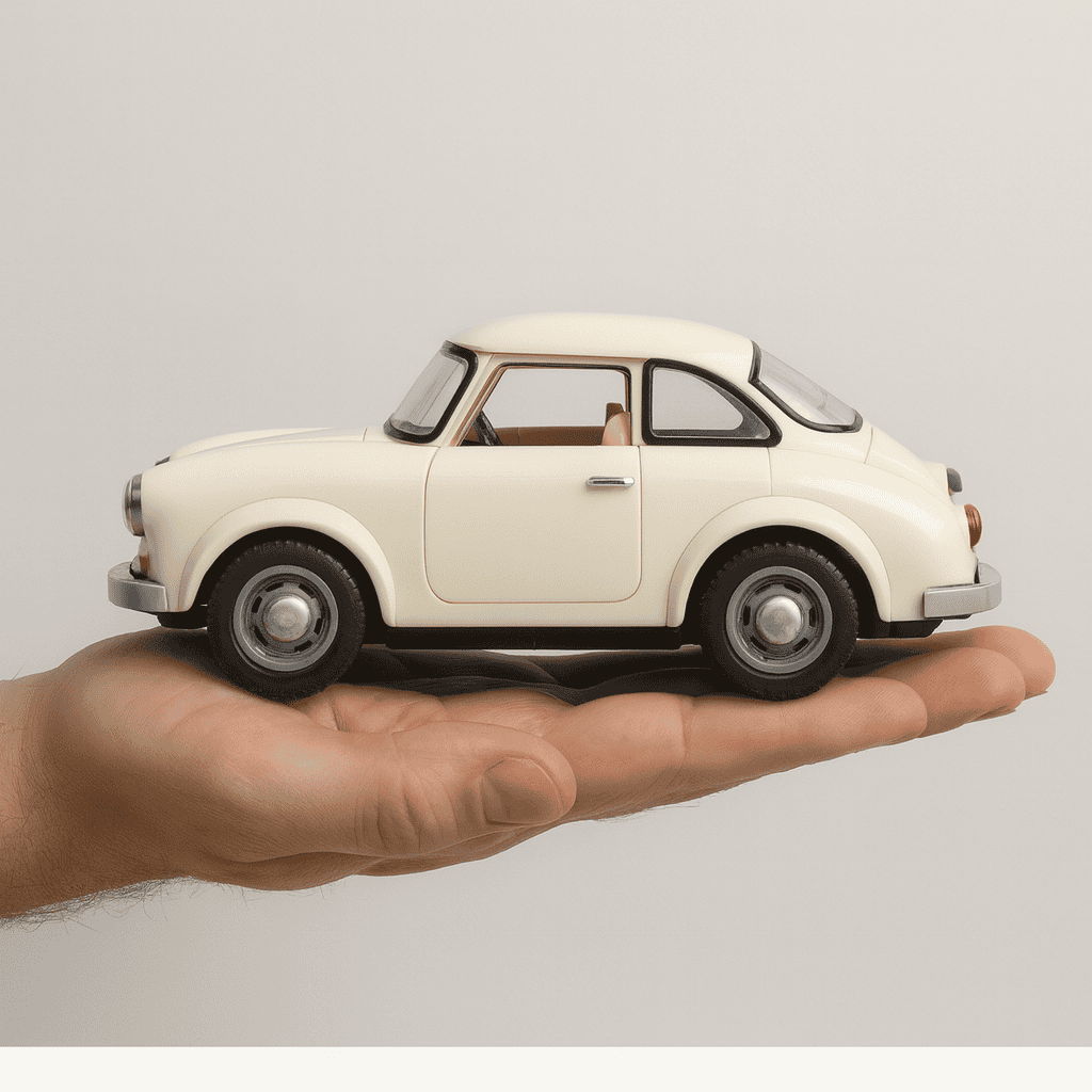 Miniature white car held in hand on a plain background.