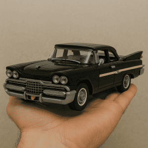 Vintage black LEGO car model on a human hand, detailed classic design, collectible toy.