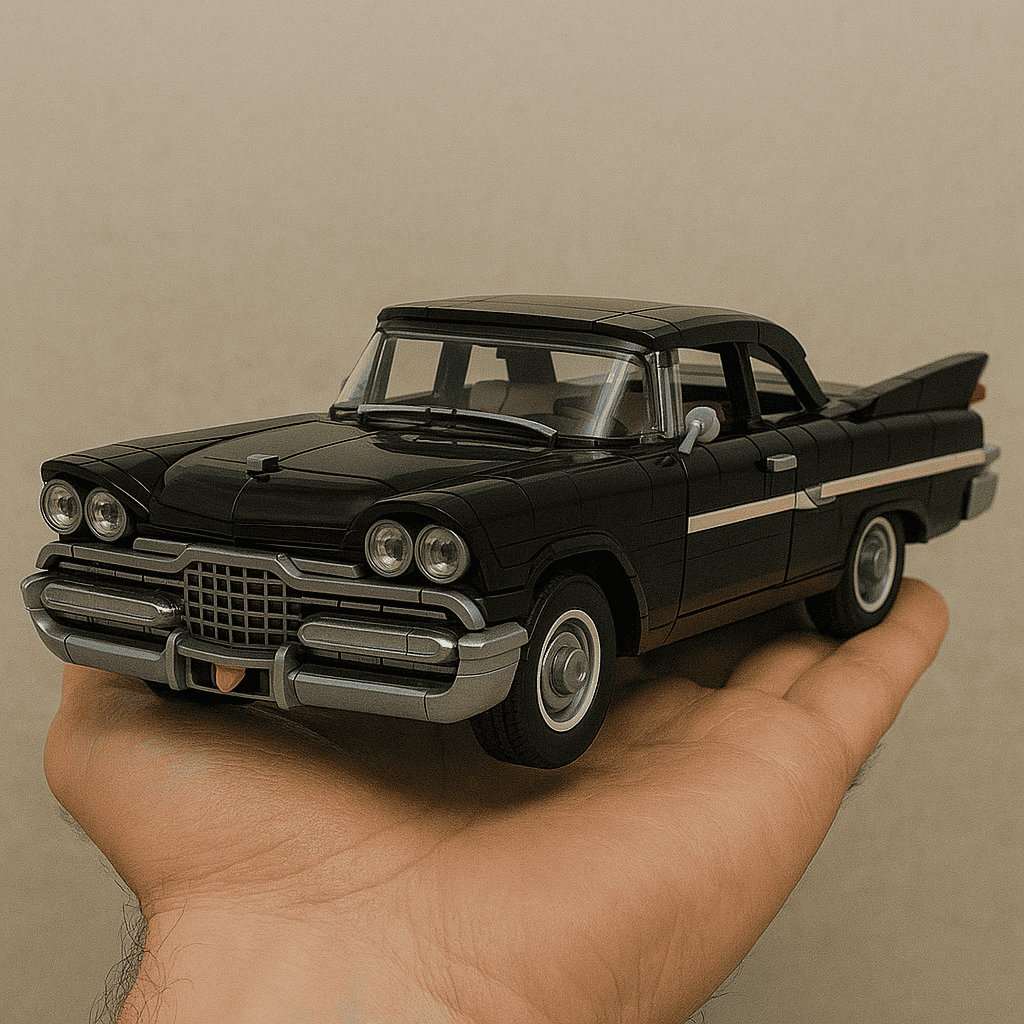 Vintage black LEGO car model on a human hand, detailed classic design, collectible toy.