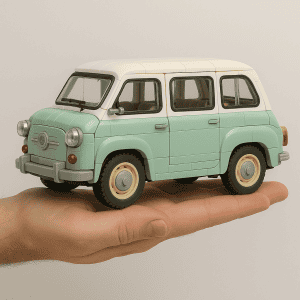 Miniature vintage toy car in pastel green and white, held in a person's hand.