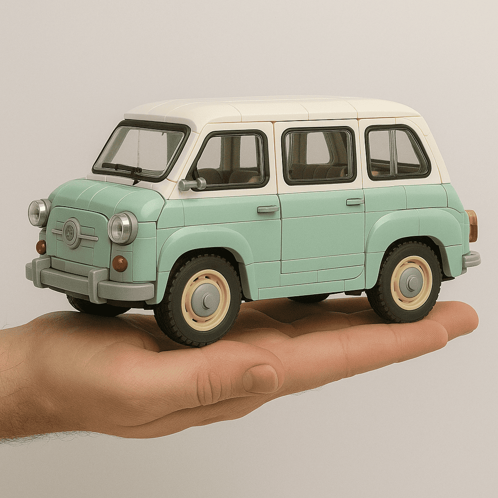 Miniature vintage toy car in pastel green and white, held in a person's hand.