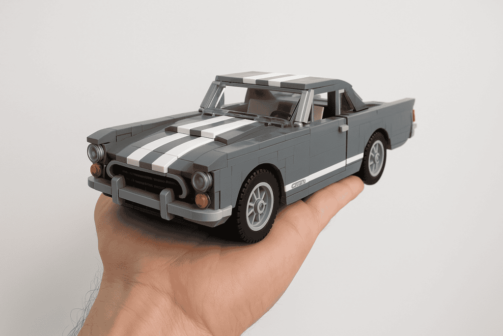 LEGO model of a classic gray sports car held in hand.