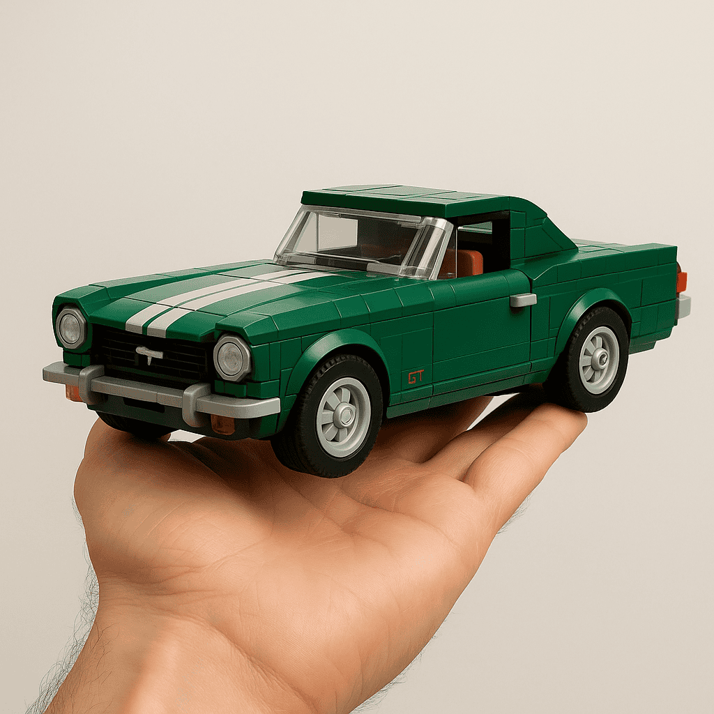 Green LEGO sports car with racing stripes on a person's hand.