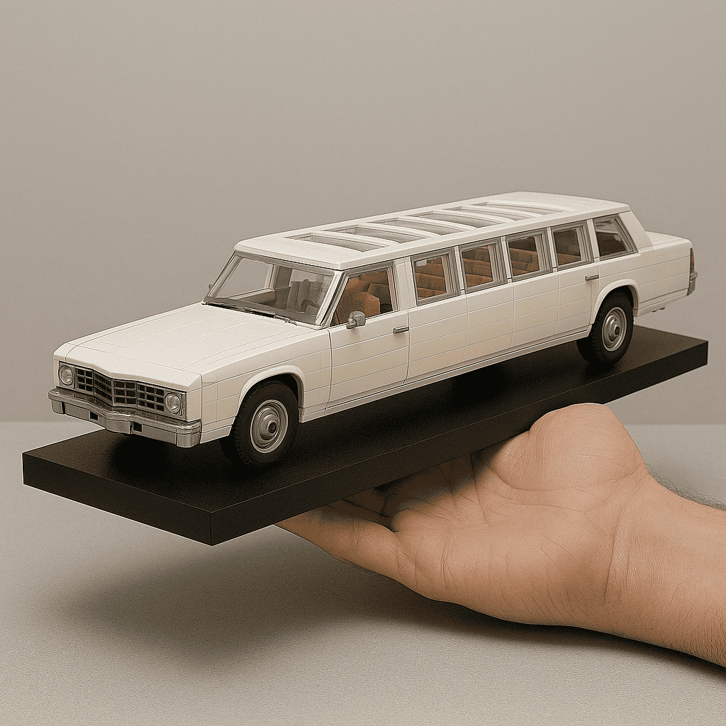 White LEGO stretch limousine model on display.