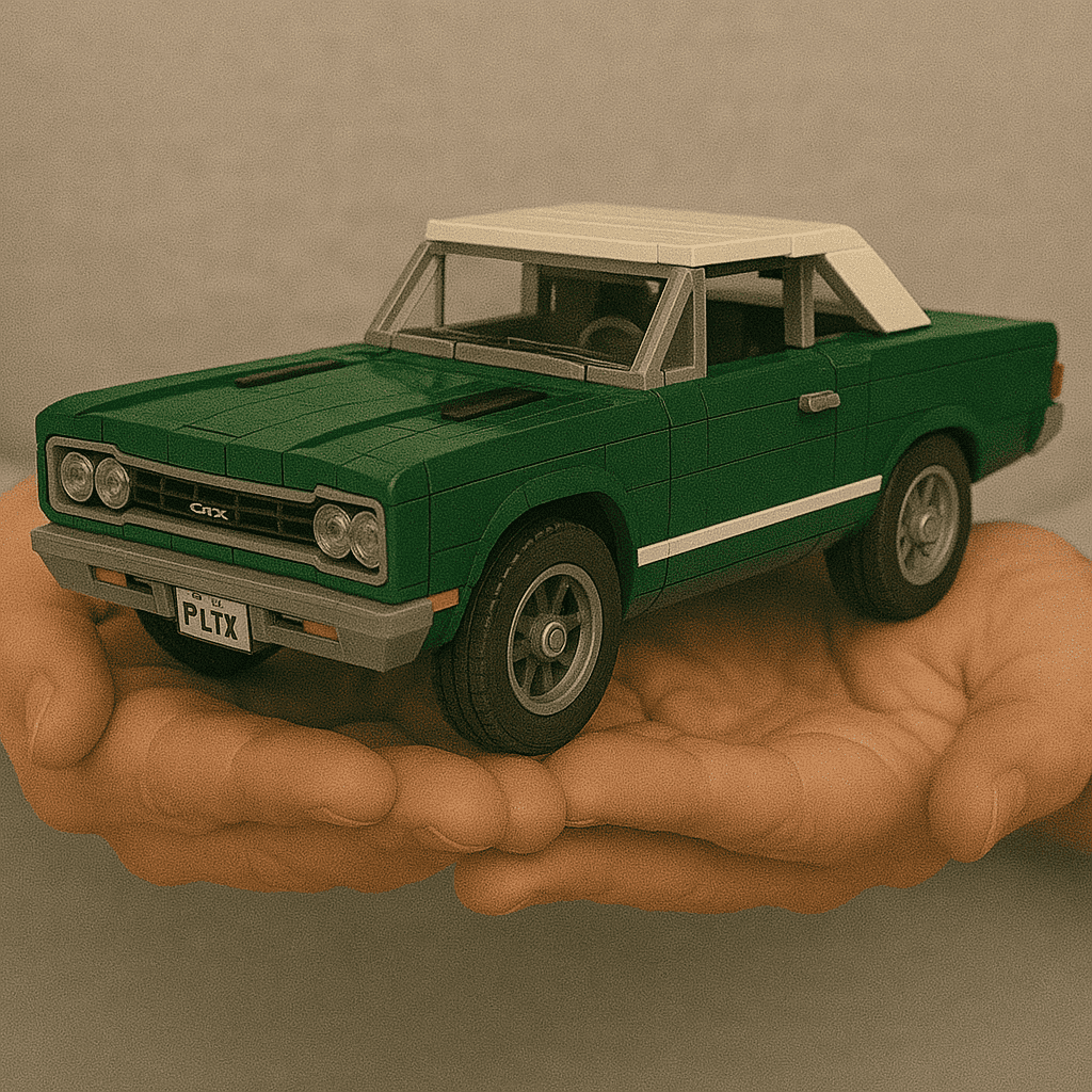 LEGO green car model, compact and detailed, built with LEGO bricks.