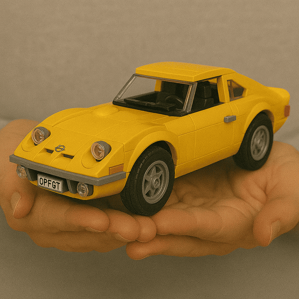 Mini yellow LEGO sports car held in hand for display.