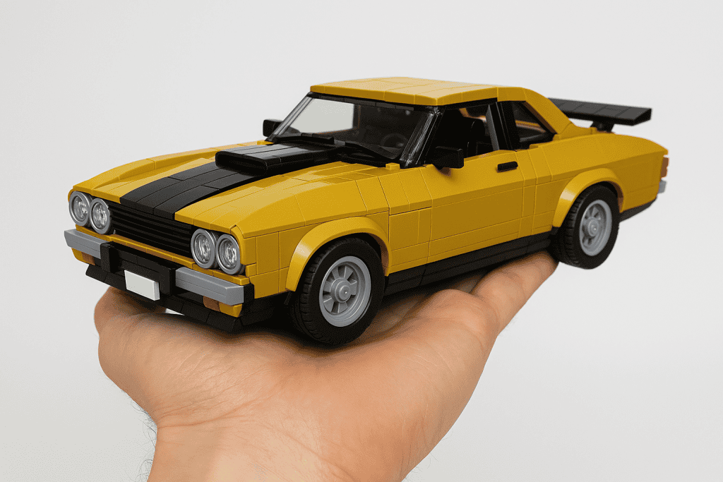 LEGO yellow sports car model hand-built with detailed features.