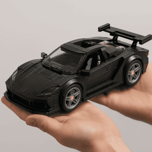 1. Black LEGO sports car model with detailed design and racing spoiler.