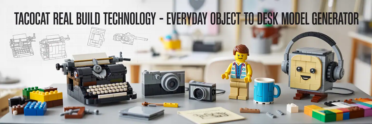LEGO-built typewriter, camera, LEGO minifigure, and accessories on a desk for creative design.