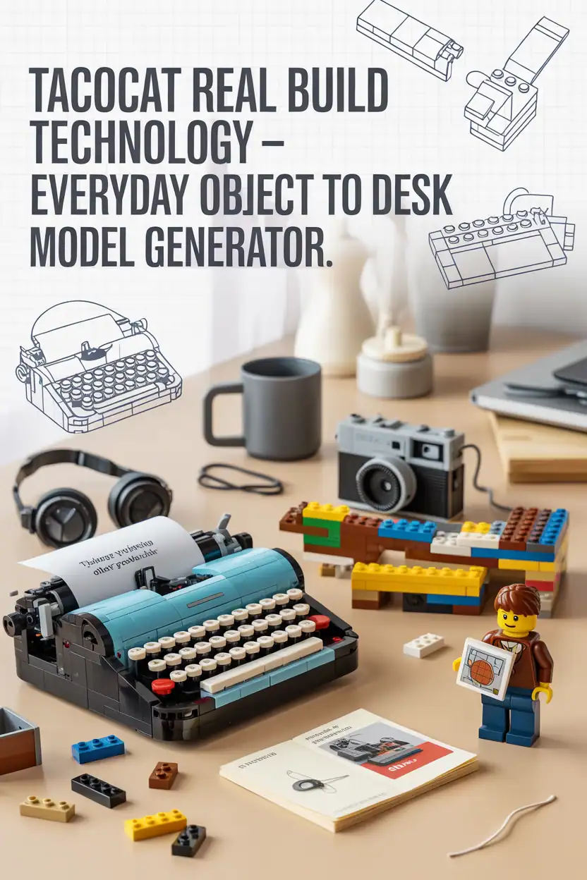 Typewriter built with LEGO bricks on a desk with a LEGO man holding a piece, surrounded by creative LEGO projects and desk accessories.