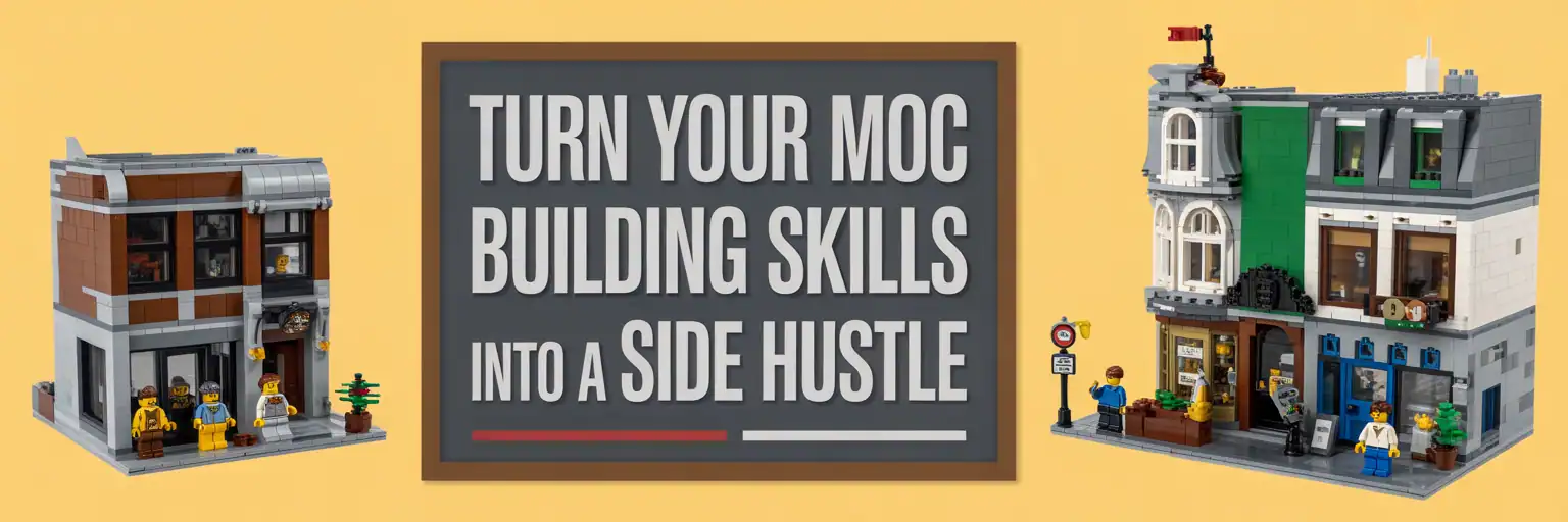 Colorful LEGO bricks and workspace banner for turning LEGO MOC building into a side hustle