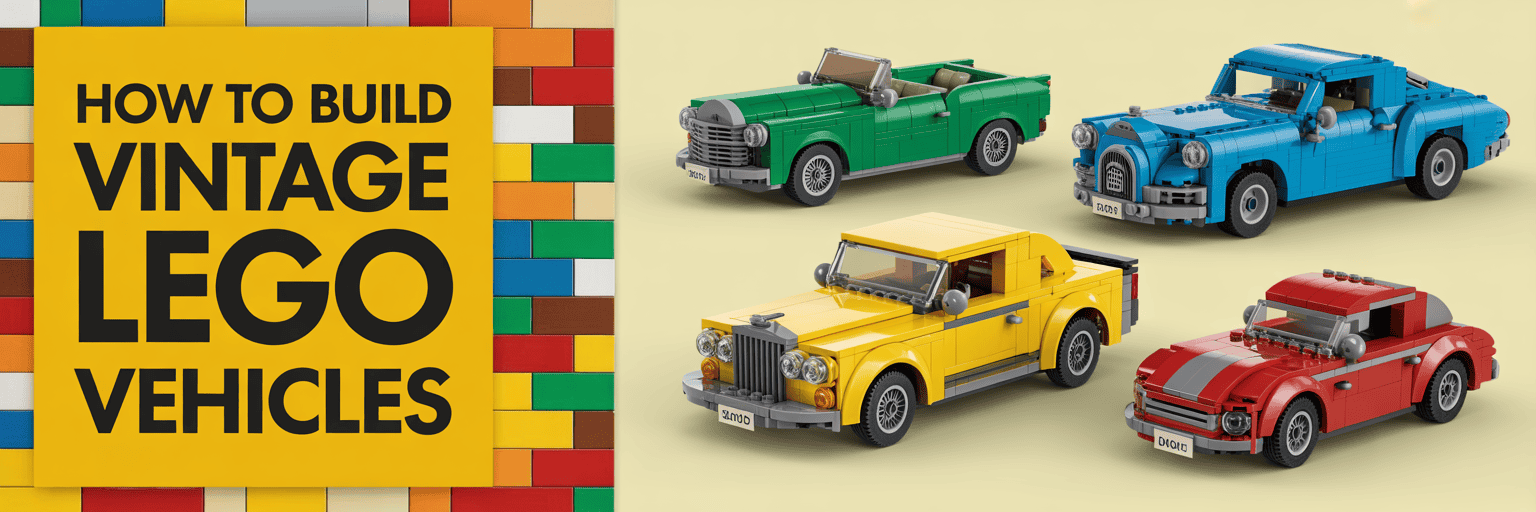 Banner showing vintage LEGO car builds on a display surface