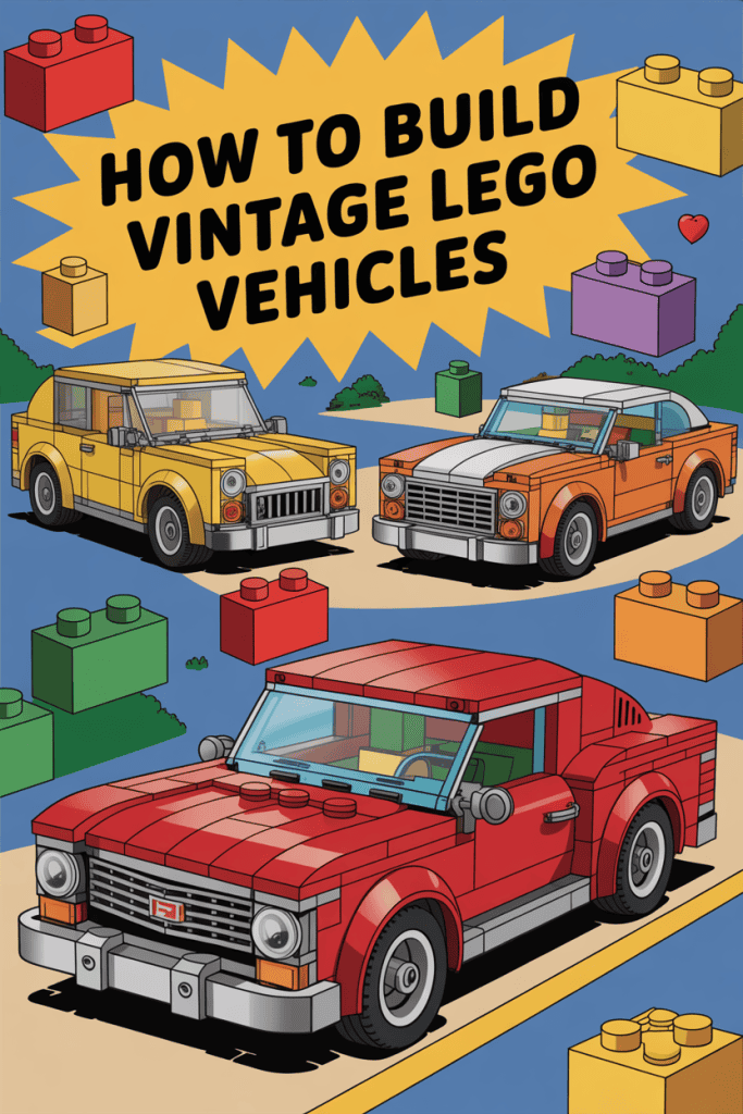 Colorful vintage LEGO cars with building blocks and playful design, perfect for LEGO vehicle enthusiasts.