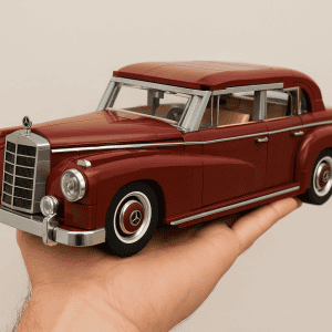 A detailed LEGO model of a vintage red luxury car held in hand.