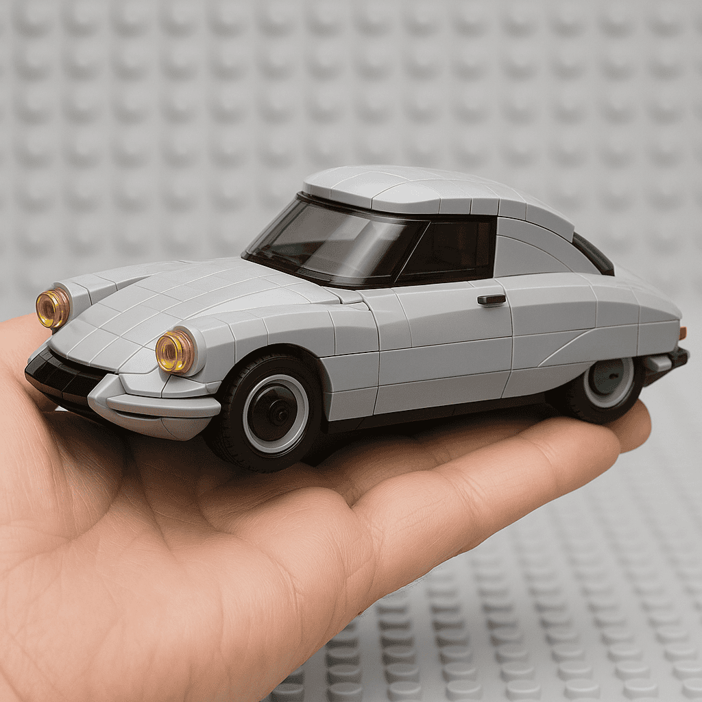 LEGO car model on hand with gray bricks and detailed design.