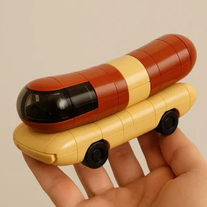 Mini LEGO bus with a red and beige color scheme, detailed and compact design.