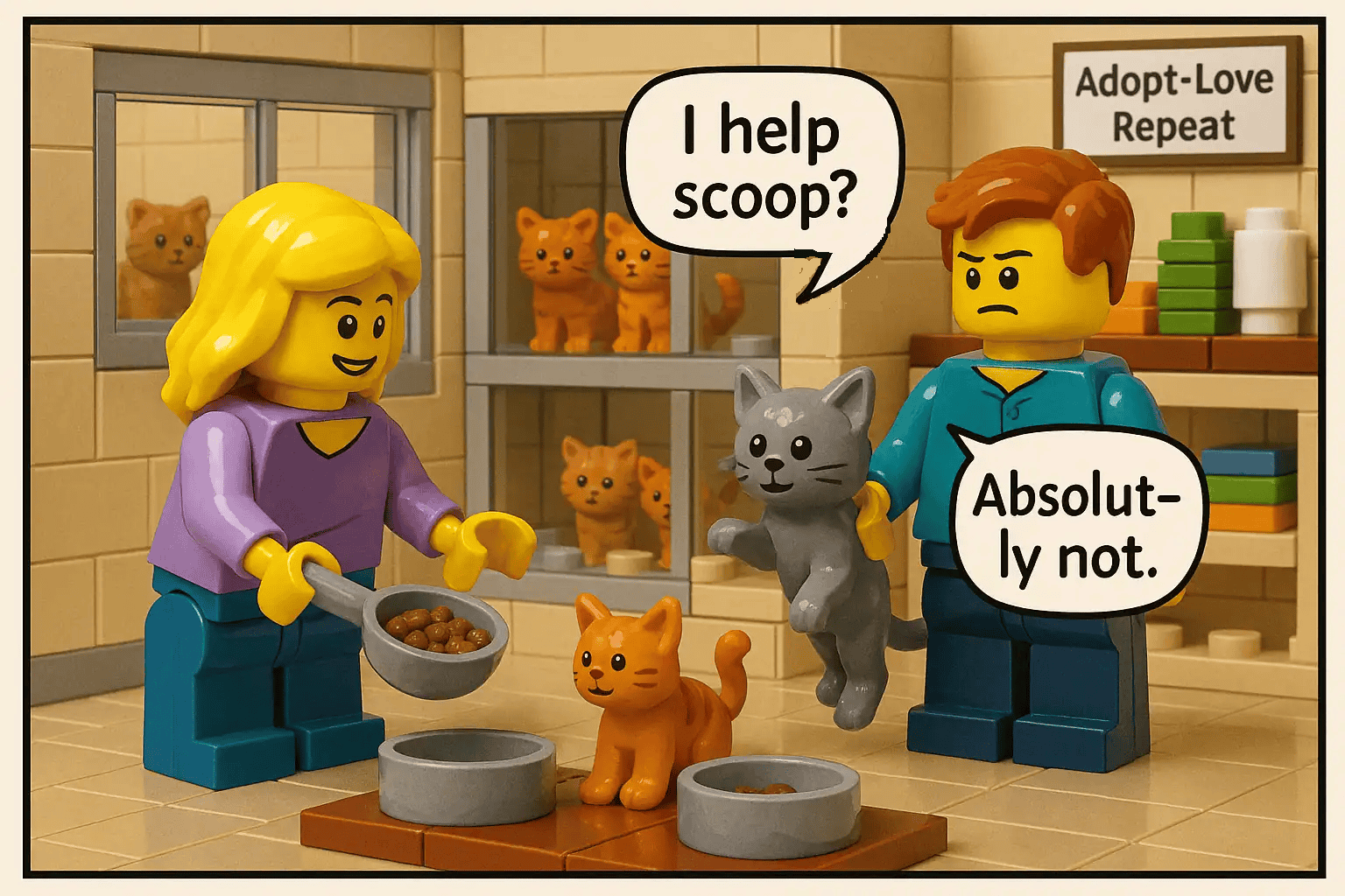 Brick-figure comic strip panel showing two characters